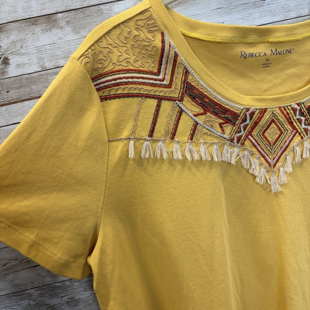 Rebecca Malone Womens XL Top Southwestern Yellow Embroidered Boho Tassel Fringe